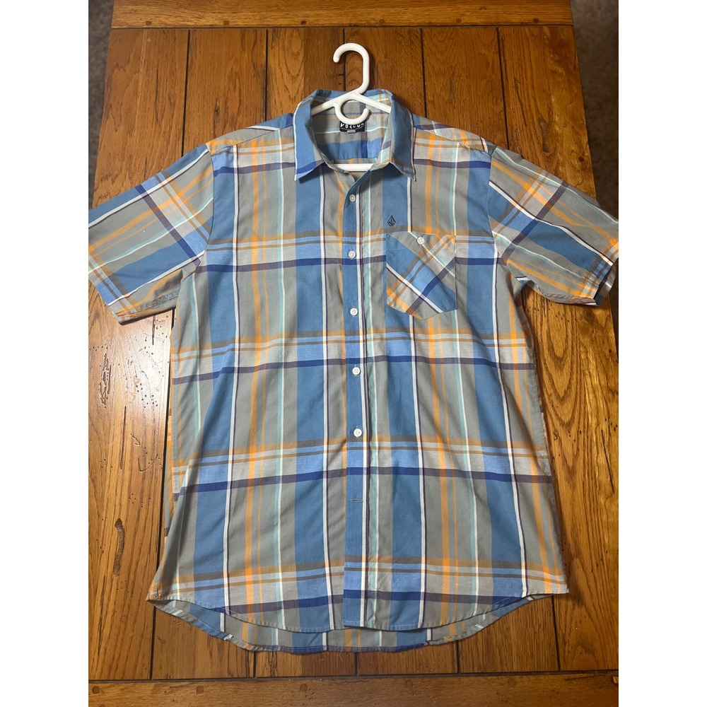 Volcom Mens Blue Orange Plaid Short Sleeve Button Down Shirt Stone Logo Large